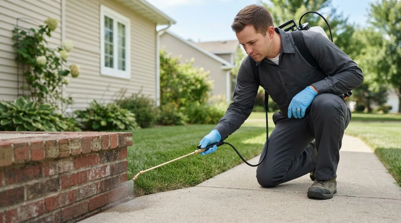 Pest control technician treating a home near Urbana, IA