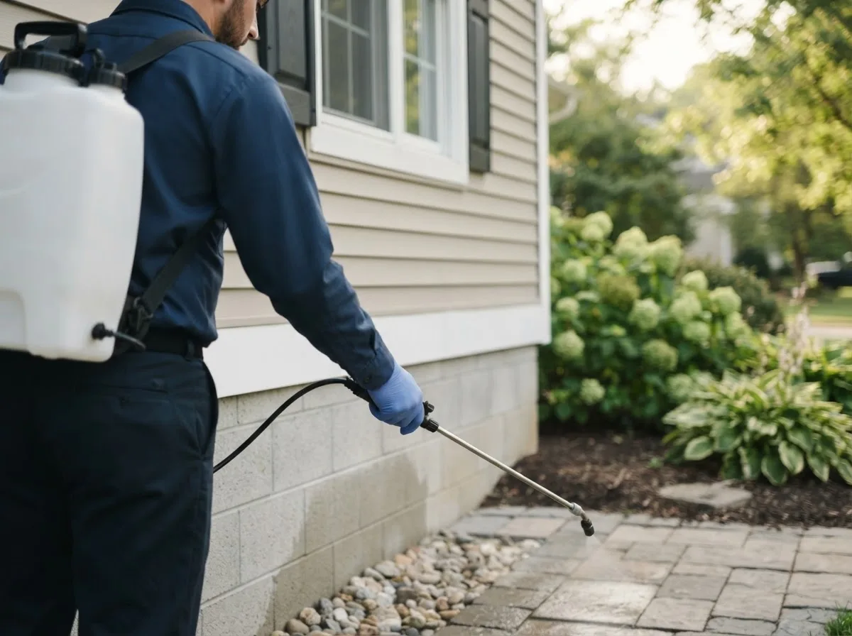 Pest control technician inspecting a home in Urbana, IA
